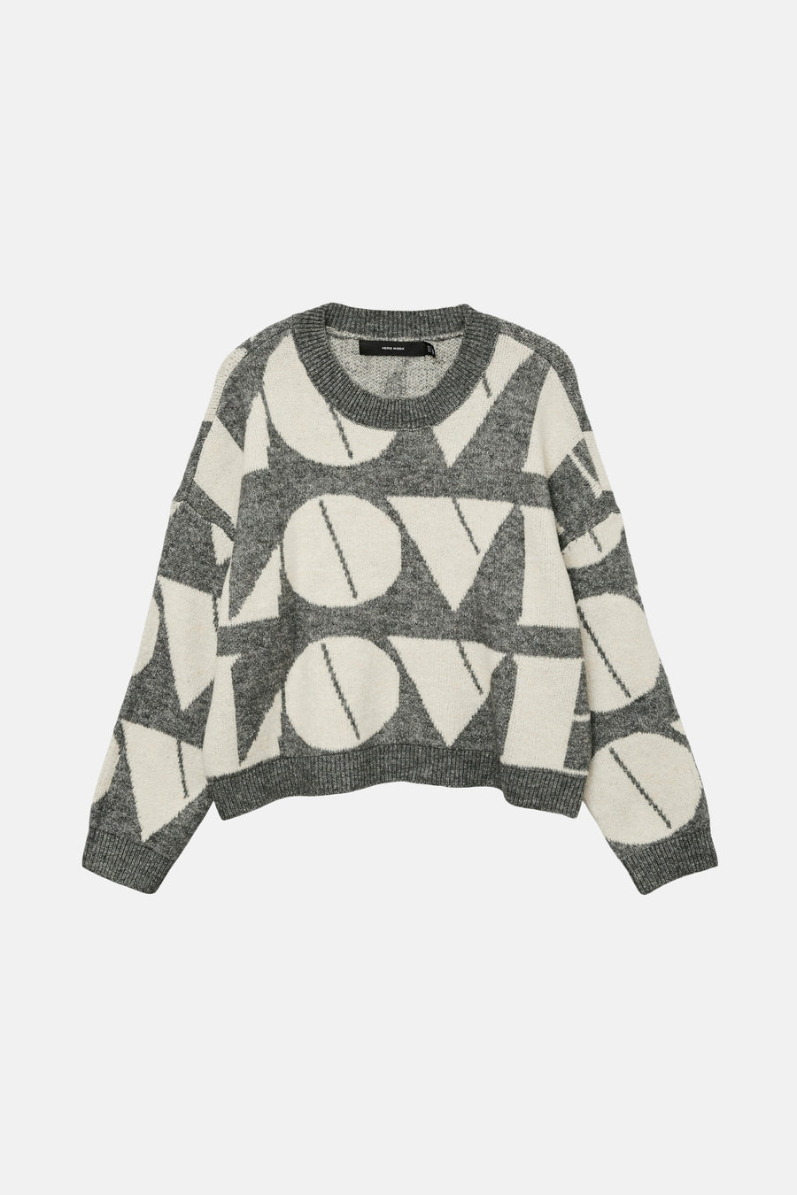 Grijze rondehals trui van Vero Moda met zwart-witte grafische patronen.