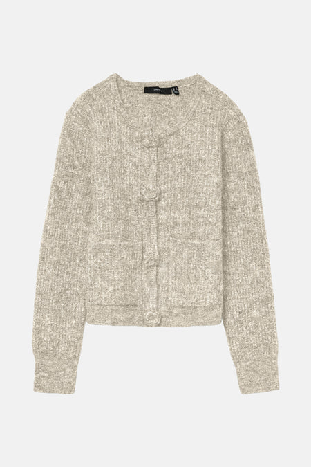 Ecru gebreid vest van VERO MODA, met decoratieve knopen en een bouclé textuur.