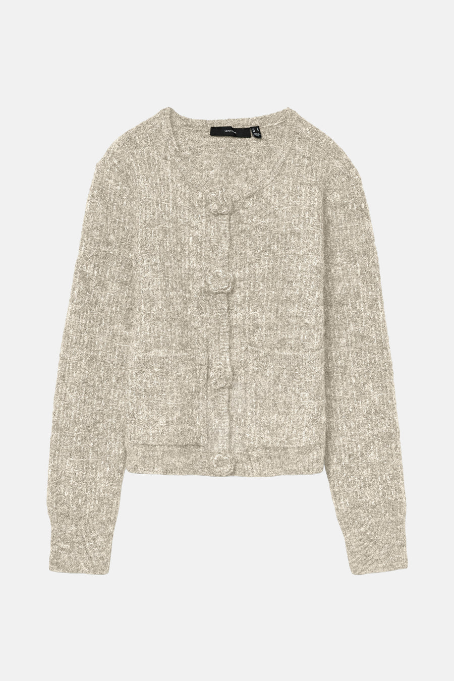 Ecru gebreid vest van VERO MODA, met decoratieve knopen en een bouclé textuur.
