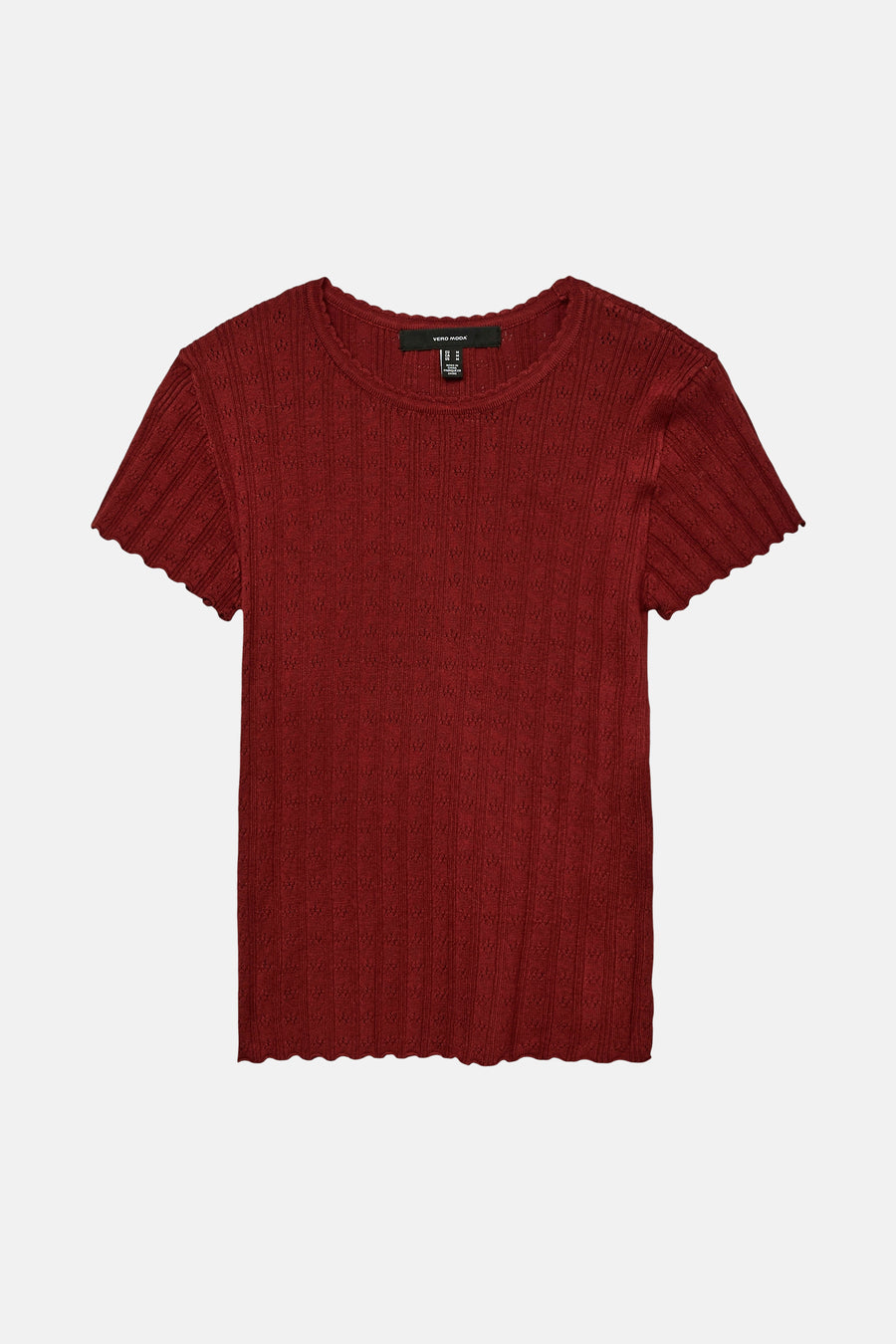 T-shirt rouge à manches courtes de VERO MODA, en maille côtelée avec motif ajouré.
