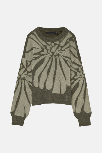 Pull vert à col rond de Vero Moda avec motif floral géométrique ton sur ton.