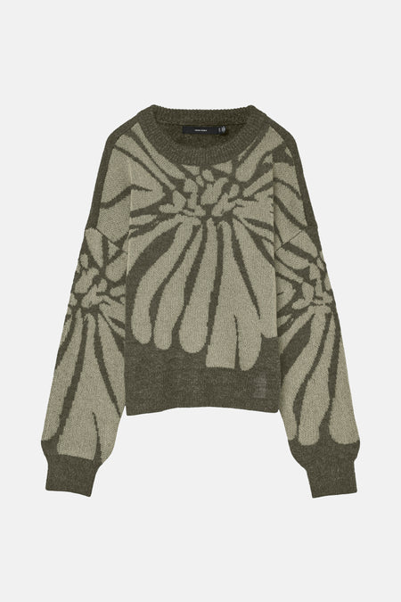 Groene trui met ronde hals van Vero Moda met toon-op-toon geometrisch bloemenpatroon.