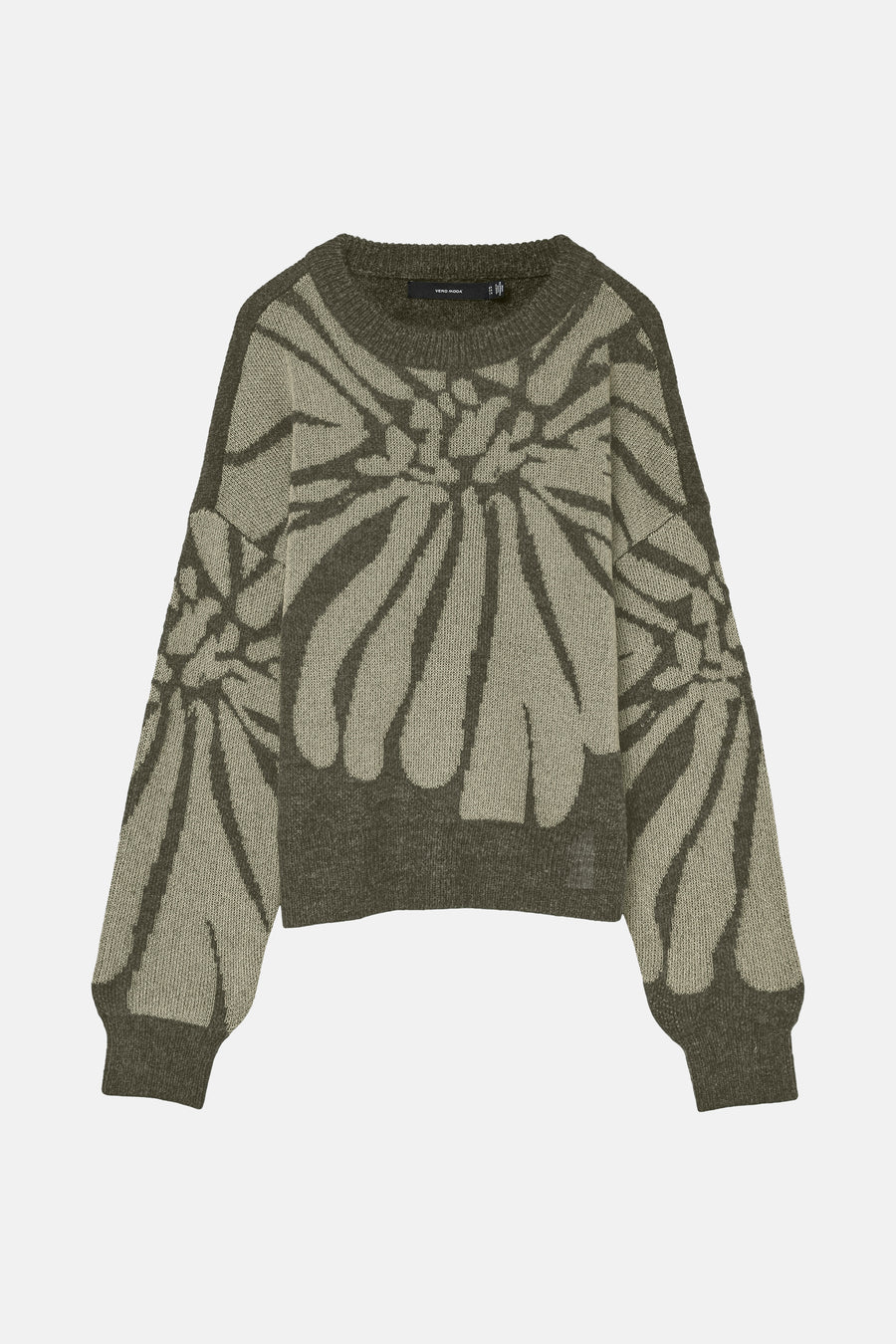 Pull vert à col rond de Vero Moda avec motif floral géométrique ton sur ton.