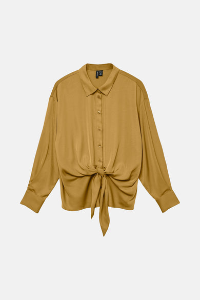Gouden blouse met lange mouwen van VERO MODA, met strikdetail bij de taille en knoopsluiting.