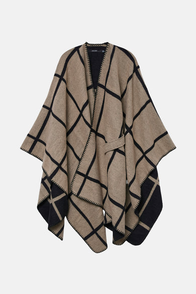 Beige geruite poncho van VERO MODA, met een ceintuur in dezelfde kleur en een geschulpte rand.