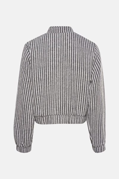 Korte zwarte gestreepte jas van VERO MODA, met opstaande kraag en lange pofmouwen.