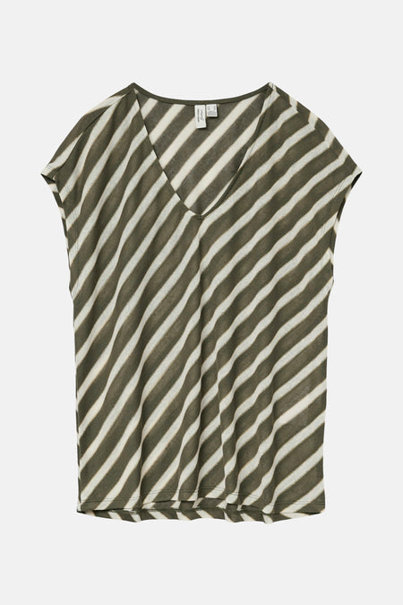 Kaki gestreept T-shirt met V-hals en korte mouwen van VERO MODA.