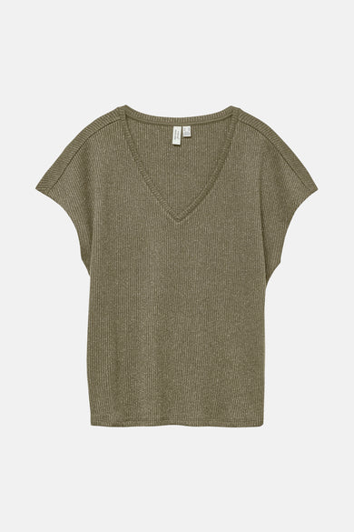 T-shirt kaki à manches courtes de Vero Moda, en maille côtelée brillante avec encolure en V.
