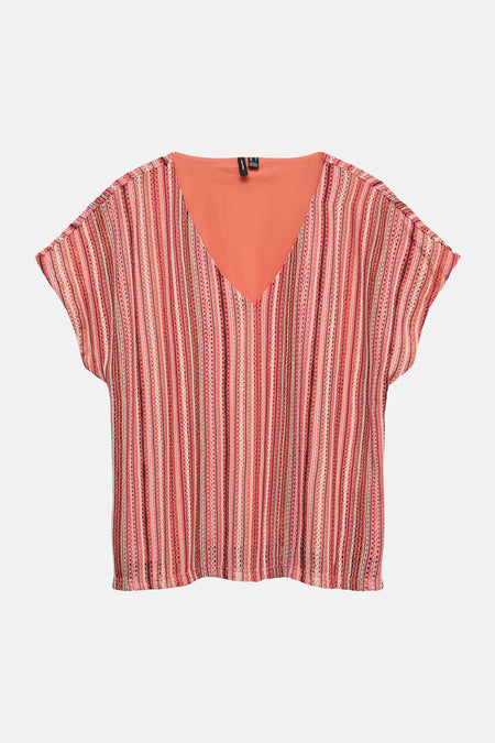 Multikleurig blouse met korte mouwen van VERO MODA® met V-hals en verticale roze, oranje en gebroken witte strepen in ajourbreiwerk.