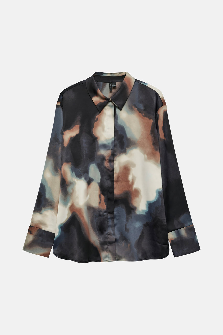 Multikleurig overhemd met lange mouwen van VERO MODA, met een abstract patroon in tinten zwart, beige en blauw.
