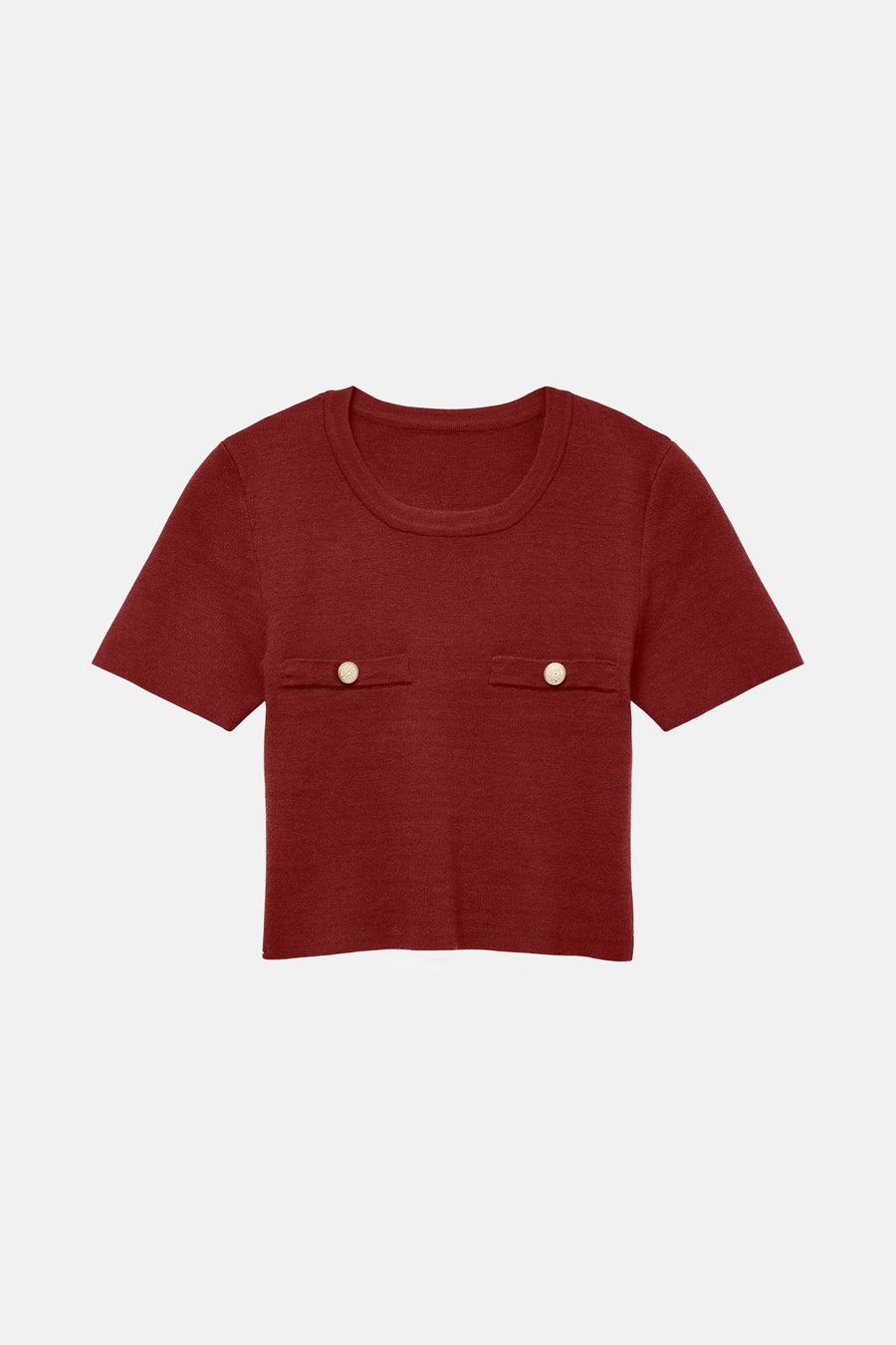 Bordeaux trui van VERO MODA met twee zakken en gouden knopen.