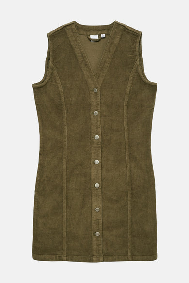 Kaki ribfluwelen jurk van VERO MODA®, nauwsluitend mouwloos model, op een effen achtergrond.