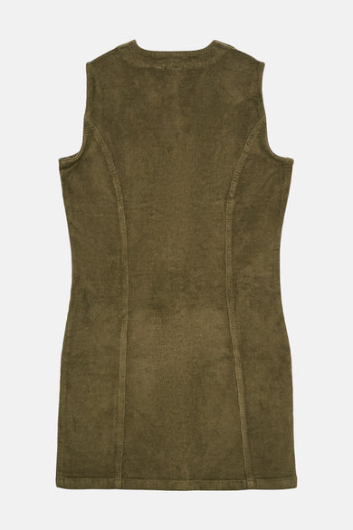 Robe kaki en velours côtelé de VERO MODA®, coupe ajustée sans manches, sur fond uni.