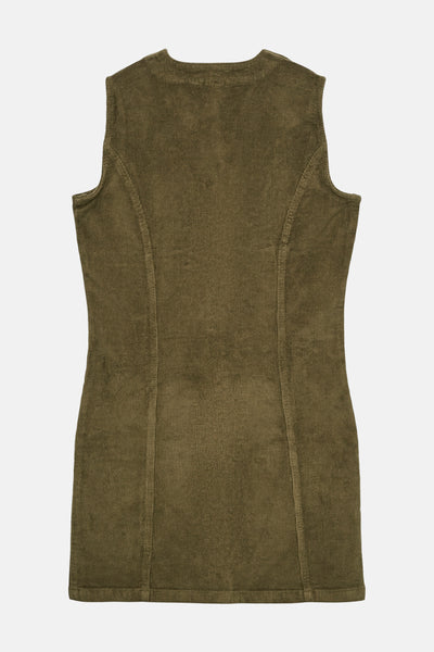 Robe kaki en velours côtelé de VERO MODA®, coupe ajustée sans manches, sur fond uni.