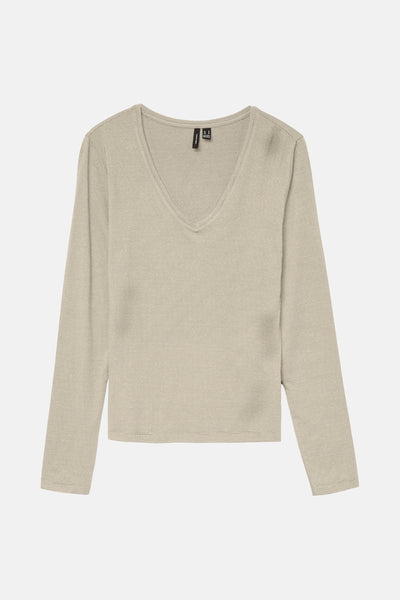 Blouse beige à manches longues de VERO MODA, en maille côtelée fine avec un col en V.