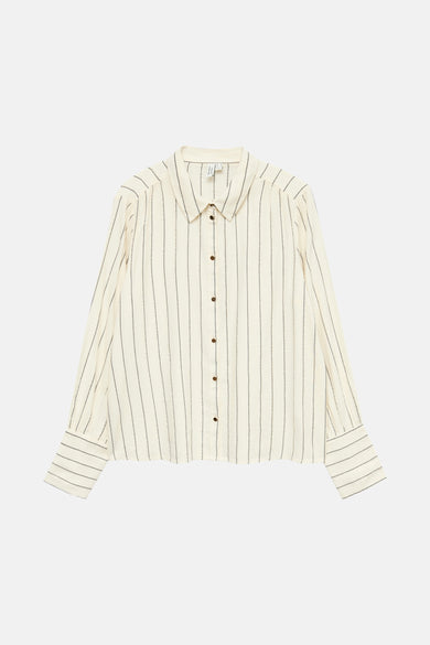 Beige overhemd met lange mouwen van VERO MODA met grijze verticale strepen en bruine knopen.