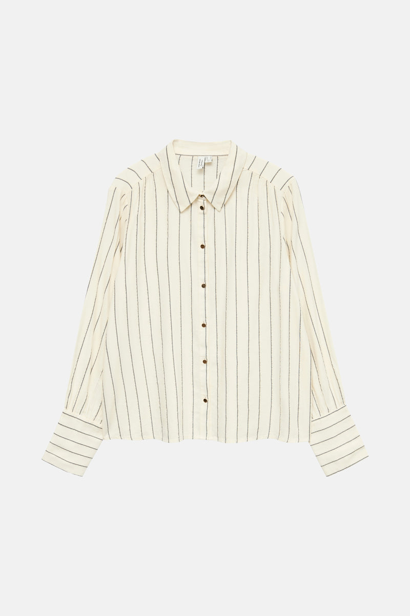 Beige overhemd met lange mouwen van VERO MODA met grijze verticale strepen en bruine knopen.