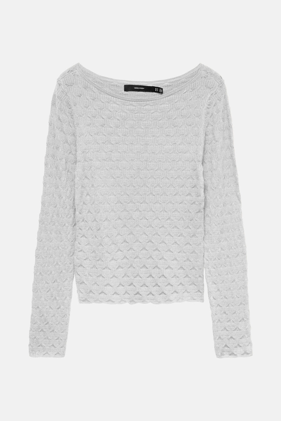 Grijze rondehals trui van VERO MODA, in opengebreide stof met ruitpatroon.