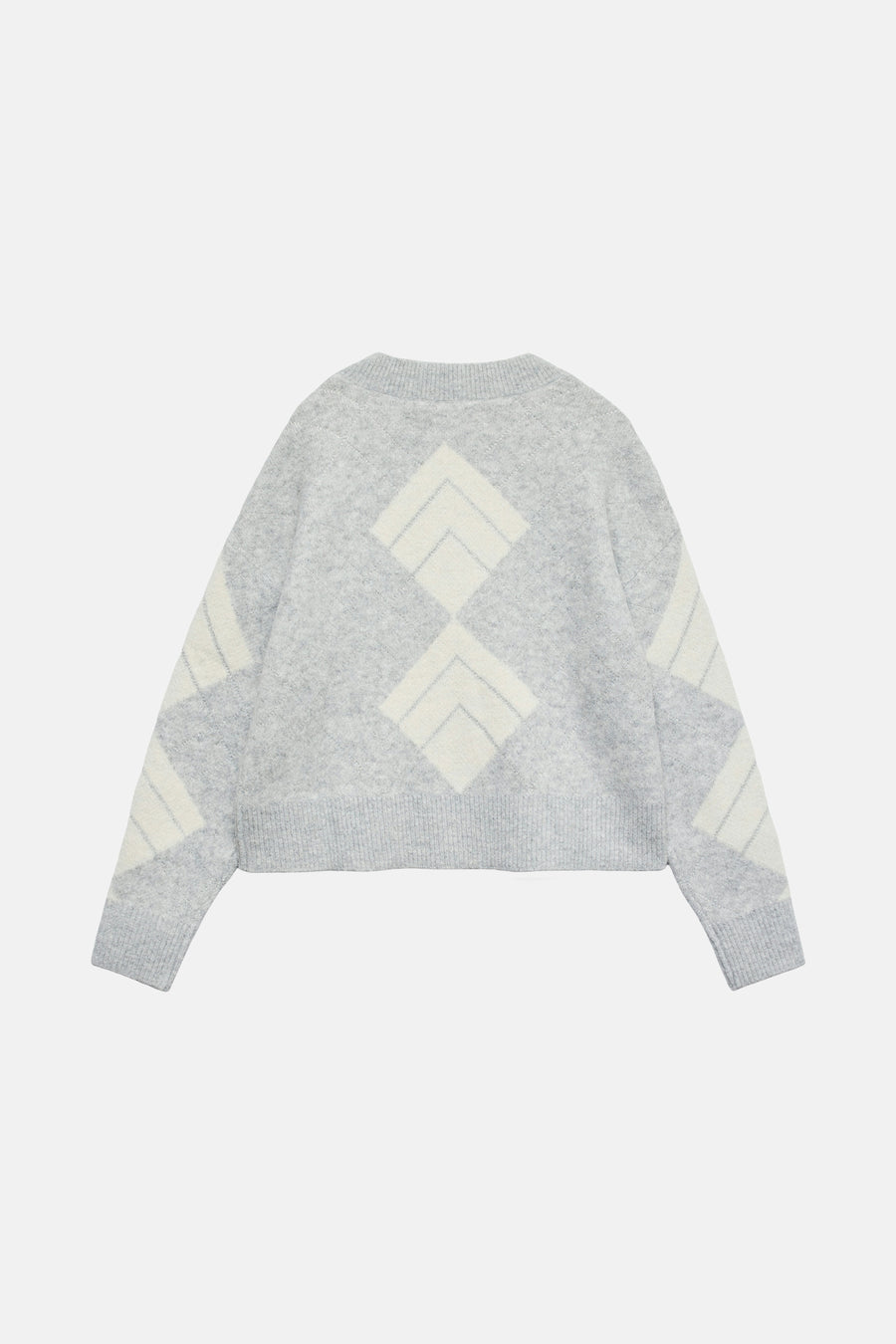 Grijze V-hals trui van VERO MODA, ruitpatroon op de voorkant en mouwen.