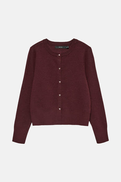 Bordeaux gebreid vest van VERO MODA, met een knoopsluiting en lange mouwen.