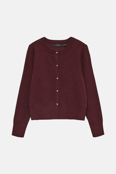 Cardigan bordeaux en maille par VERO MODA, avec une fermeture boutonnée et des manches longues.