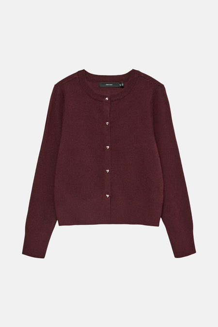 Bordeaux gebreid vest van VERO MODA, met een knoopsluiting en lange mouwen.