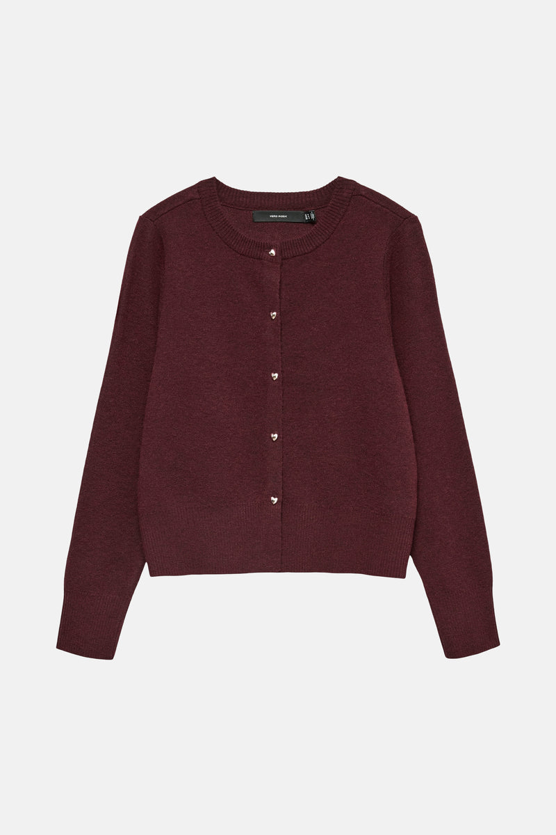 Cardigan bordeaux en maille par VERO MODA, avec une fermeture boutonnée et des manches longues.