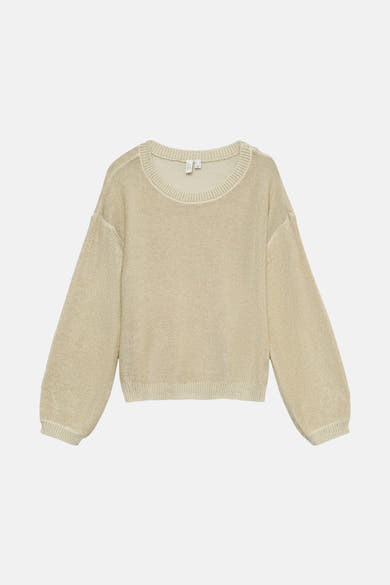 Beige ronde hals trui van VERO MODA, in fijne getextureerde brei met lange pofmouwen.
