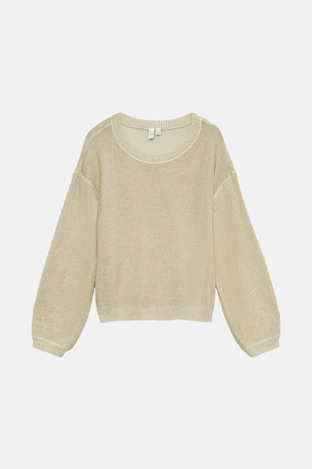 Beige ronde hals trui van VERO MODA, in fijne getextureerde brei met lange pofmouwen.