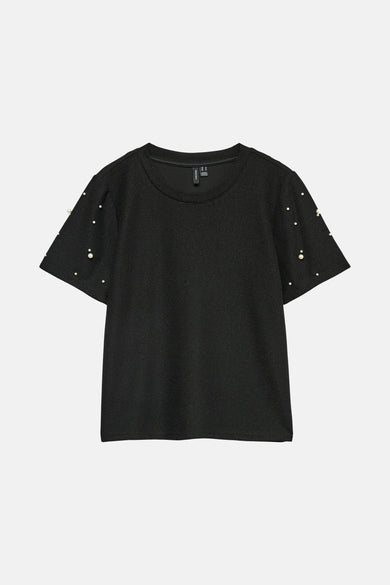 Zwart T-shirt met korte mouwen van VERO MODA versierd met decoratieve kralen op de mouwen.
