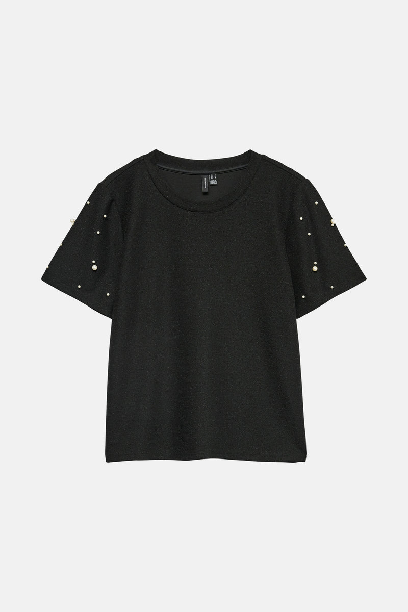 Zwart T-shirt met korte mouwen van VERO MODA versierd met decoratieve kralen op de mouwen.