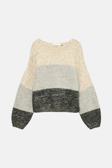 Beige ronde hals trui van Vero Moda in een gebreide stof met contrasterende horizontale strepen.