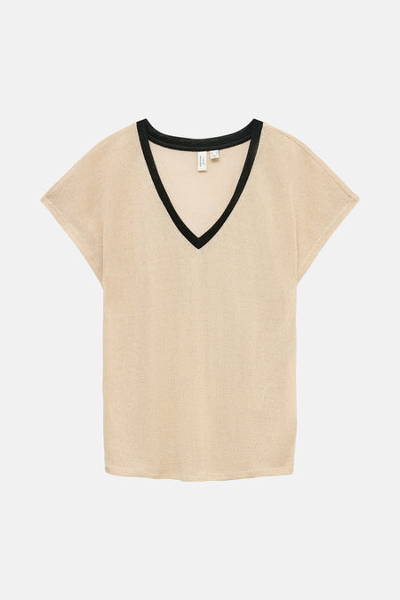 Beige T-shirt met korte mouwen van VERO MODA met zwarte V-hals.