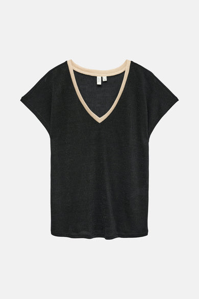 Zwart T-shirt met korte mouwen van VERO MODA met een beige V-hals.