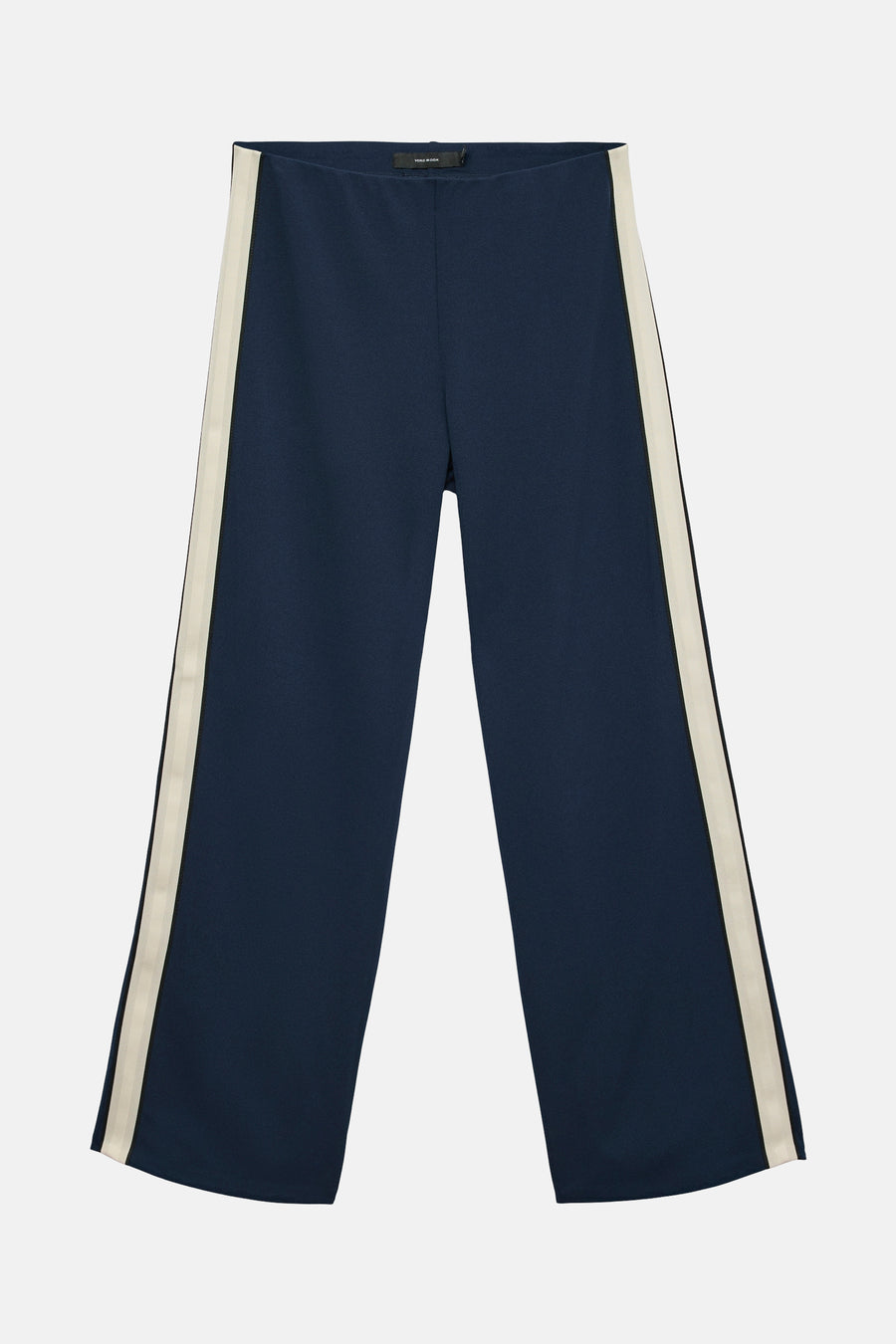 Pantalon bleu marine de VERO MODA avec bandes latérales contrastantes, coupe ample sur fond blanc.