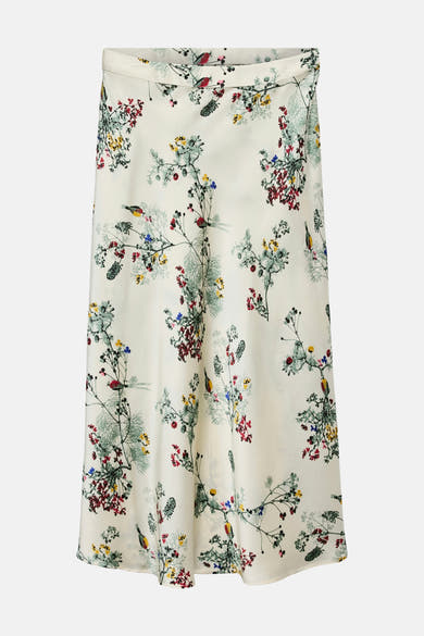 Multikleuren bedrukte midi-rok van VERO MODA, versierd met bloemen- en vogelmotieven.