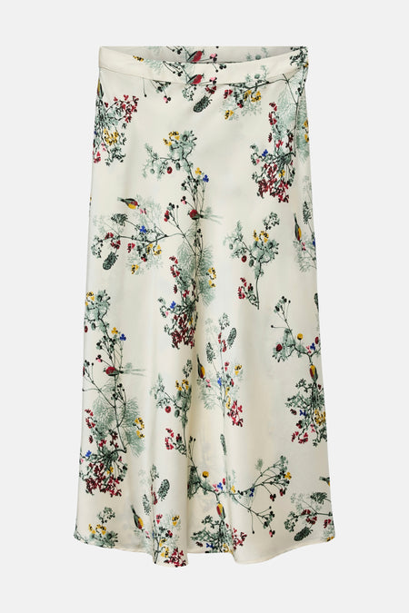 Multikleuren bedrukte midi-rok van VERO MODA, versierd met bloemen- en vogelmotieven.