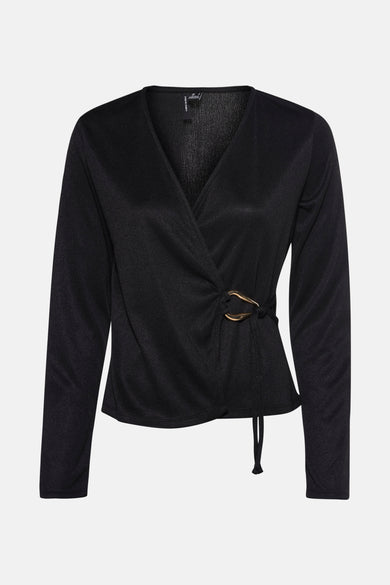 Zwarte blouse met lange mouwen van Vero Moda, met gouden gespdetail op de taille.