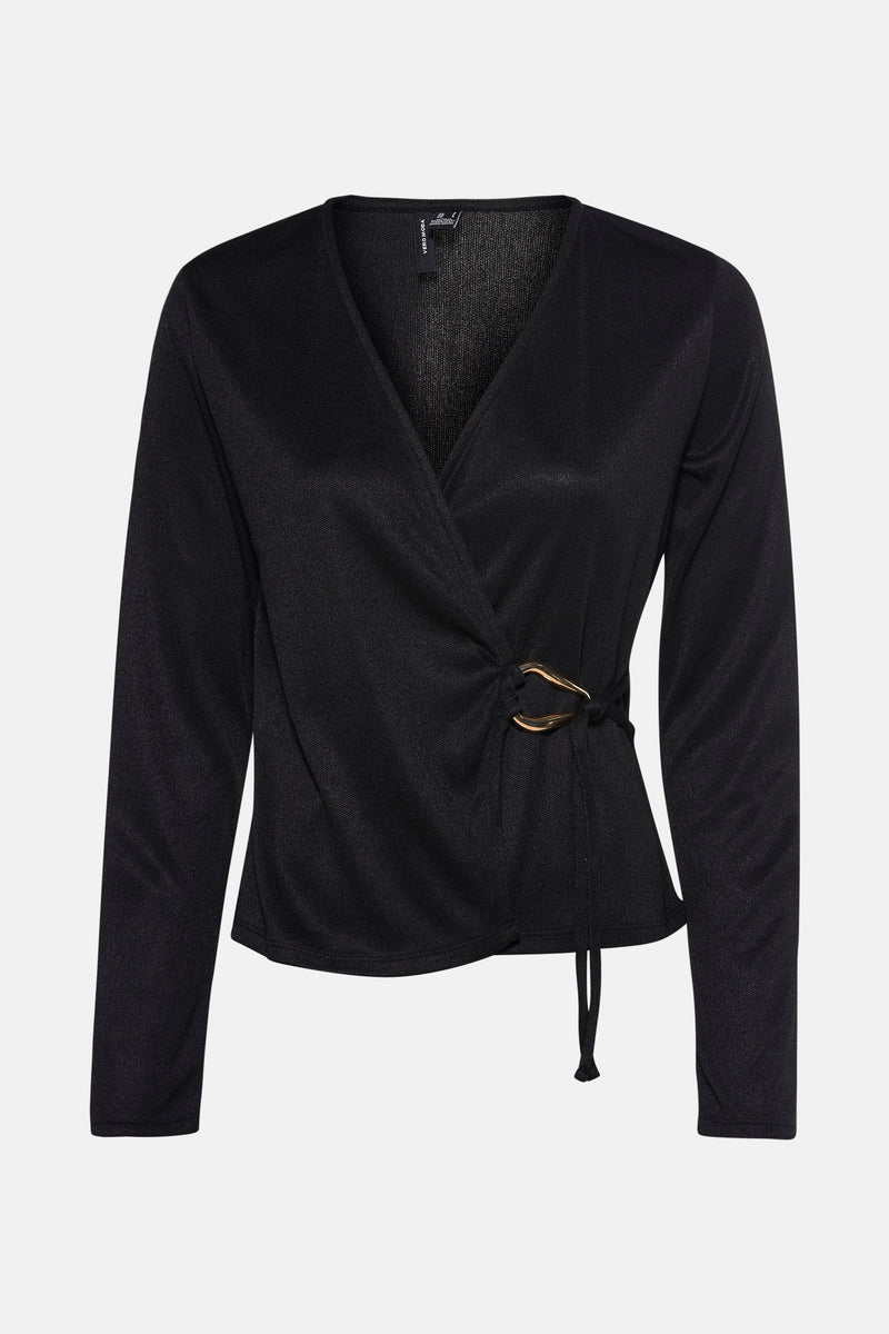 Zwarte blouse met lange mouwen van Vero Moda, met gouden gespdetail op de taille.