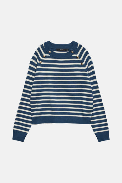 Pull rayé bleu et blanc de Vero Moda avec boutons décoratifs aux épaules