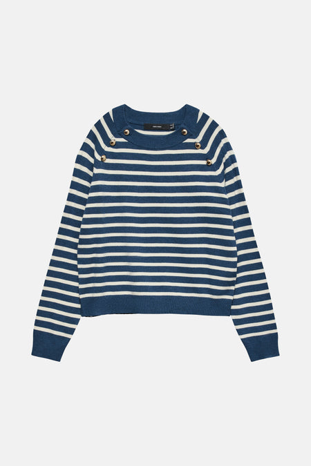 Pull rayé bleu et blanc de Vero Moda avec boutons décoratifs aux épaules