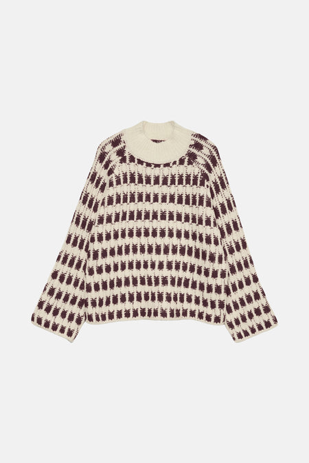 Multikleurige trui van VERO MODA, met bordeauxrood ruitpatroon op een crèmekleurige achtergrond, in een getextureerd breisel.