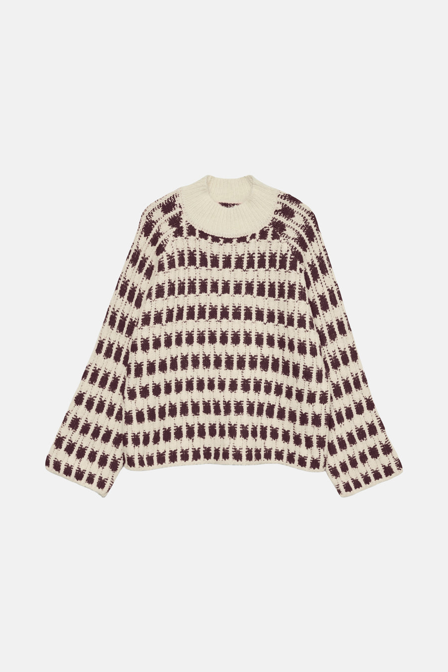Multikleurige trui van VERO MODA, met bordeauxrood ruitpatroon op een crèmekleurige achtergrond, in een getextureerd breisel.