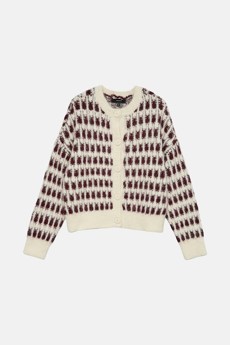 Multikleur gebreid vest van VERO MODA, met een bruin ruitpatroon en knoopsluiting.