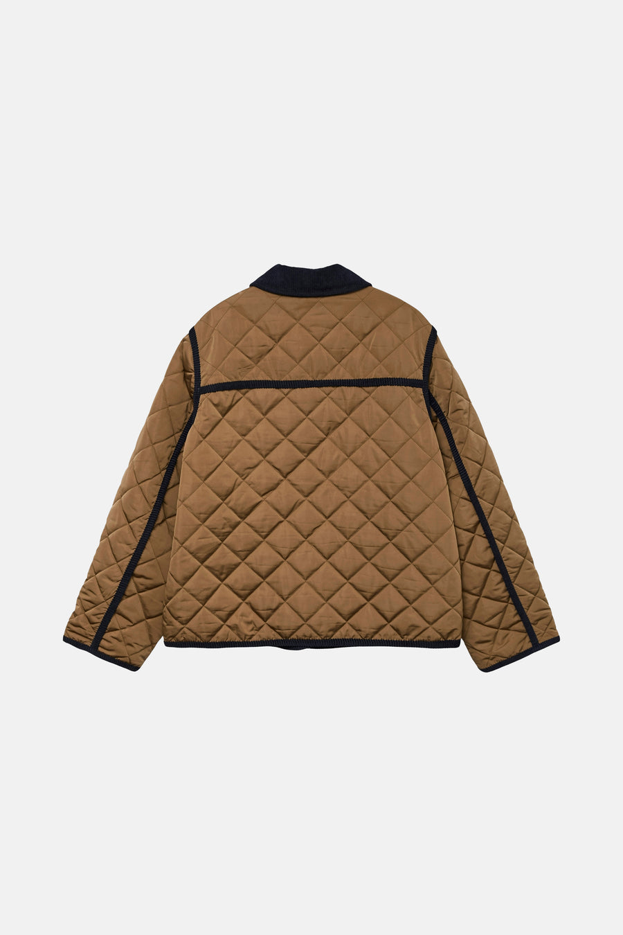 Veste courte marron de VERO MODA, matelassée avec motif losanges et détails bordés noirs.