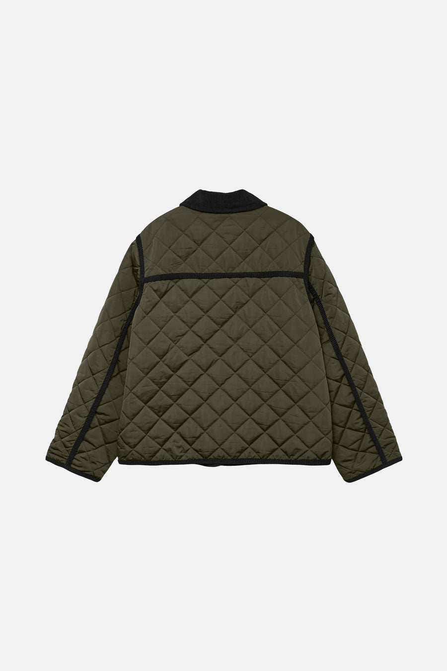 Korte groene jas van VERO MODA®, gewatteerd met ruitpatroon en een zwarte corduroy kraag.