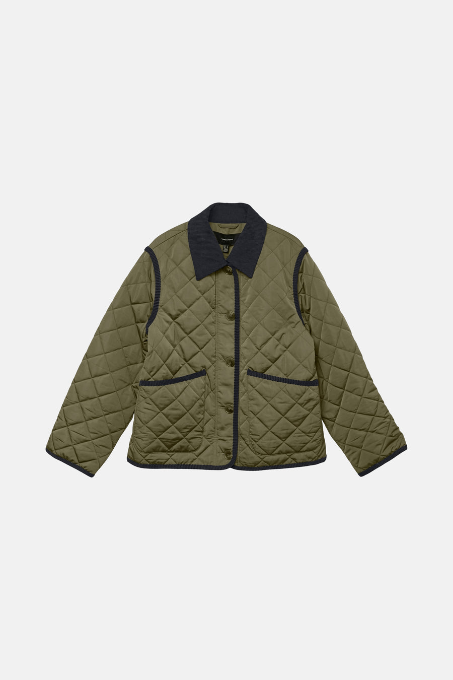 Kort groen gewatteerd jasje van VERO MODA, met kraag en biesjes van marineblauw corduroy, opgestikte zakken.