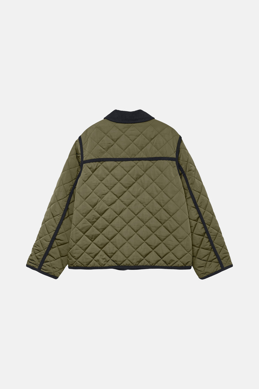 Kort gewatteerd groen jasje van VERO MODA, met kraag en zwarte corduroy afwerkingen.