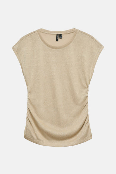 T-shirt beige à manches courtes de VERO MODA, avec des fronces sur les côtés.