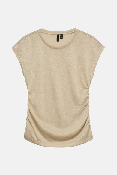 Beige T-shirt met korte mouwen van VERO MODA, met plooien aan de zijkanten.